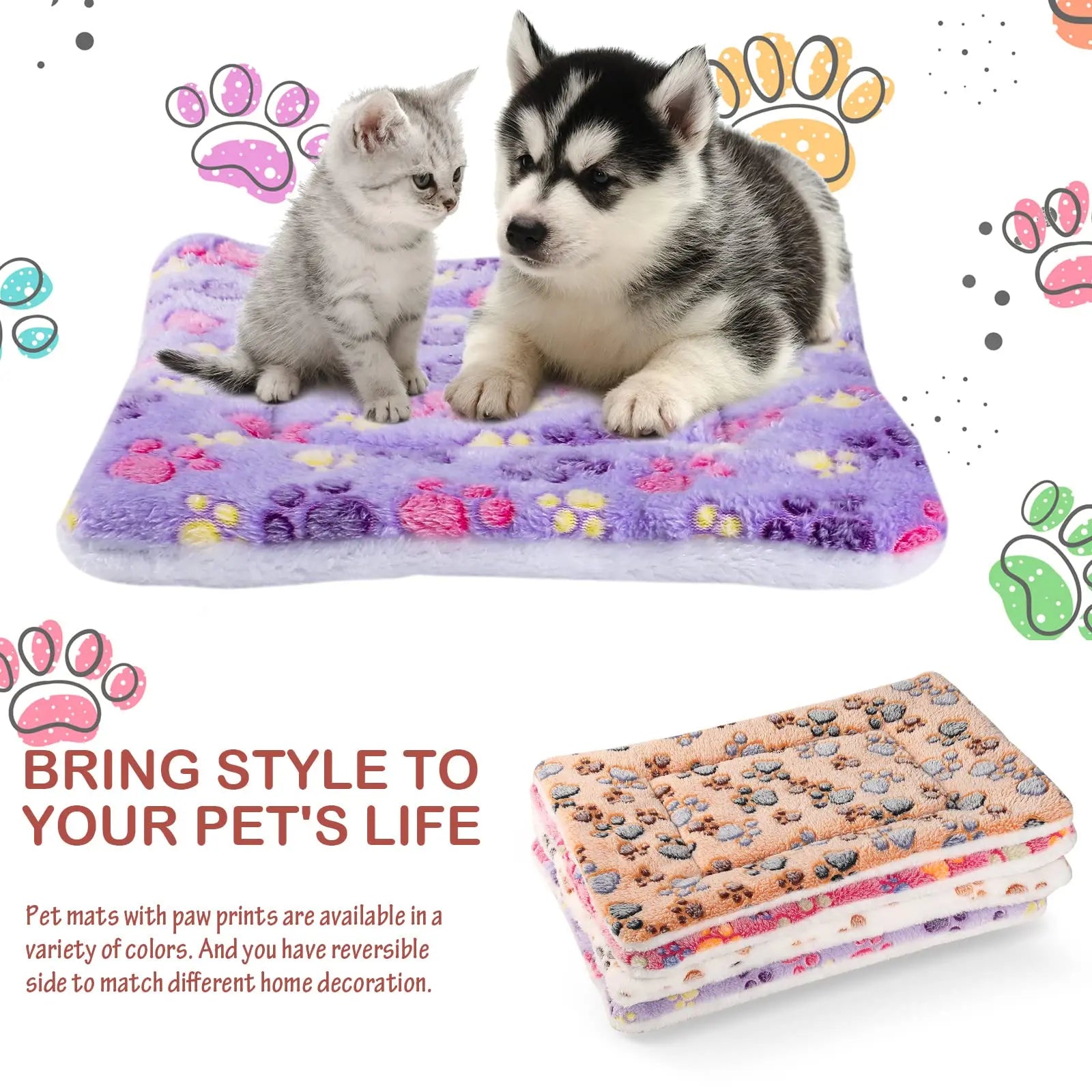 Reversible Flannel Pet Blanket - Soft Warm Mat for Cats & Dogs