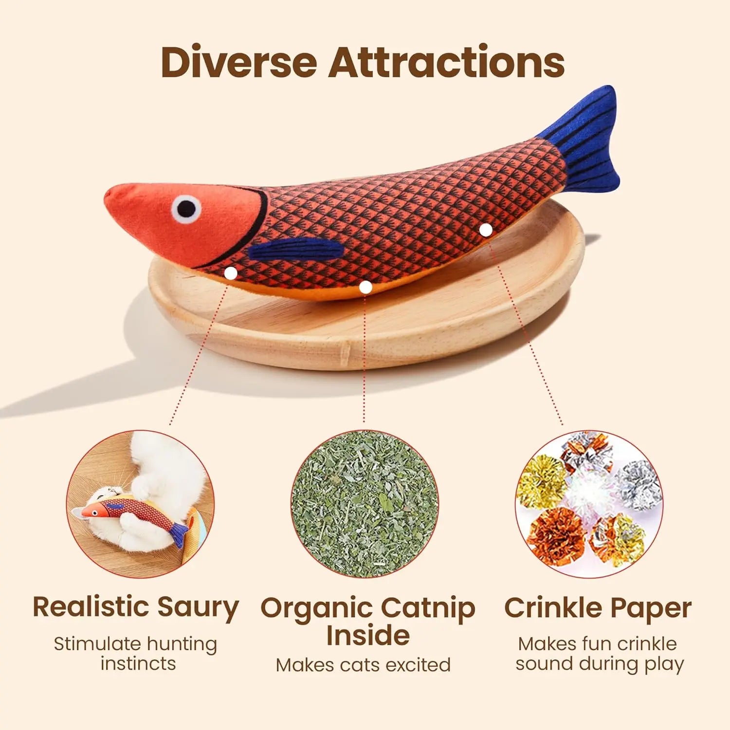 Catnip Saury Fish Cat Toys (3-Pack) - Crinkle-Sound Interactive Kickers