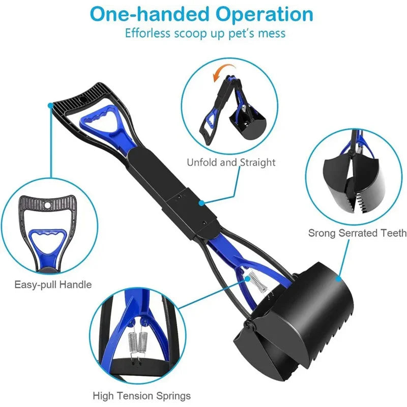 Long-Handle Dog Pooper Scooper - No-Bend Jaw-Clamp Waste Picker